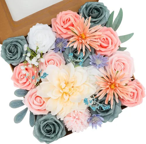 Miniatura 15 de Floweroyal Flores artificiales, rosas falsas, dalia con tallos para ramos de novia, baby shower, arreglo floral, centros de mesa, decoración
