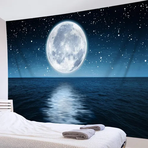 Miniatura 4 de LB Tapiz pequeño de luna llena sobre océano, tapiz de pared de cielo nocturno estrellado de galaxia, arte de pared de acuarela psicodélica