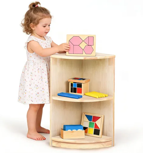 Miniatura 4 de Estantería esquinera Montessori de almacenamiento de 3 niveles, organizador infantil para juguetes, libros, suministros de arte y manualidades