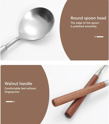 Miniatura 3 de Ouliget Cuchara de mango de madera retro, cucharadas de servir de acero inoxidable, cuchara de madera, cubiertos plateados con mango marrón, 4