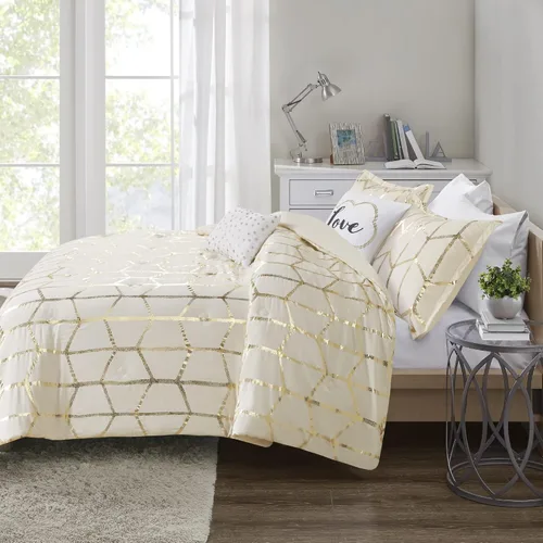 Miniatura 9 de Intelligent Design Raina King/Cal King - Juego de edredón de microfibra suave, juego de cama geométrico metálico moderno, 5 piezas de ropa de cama