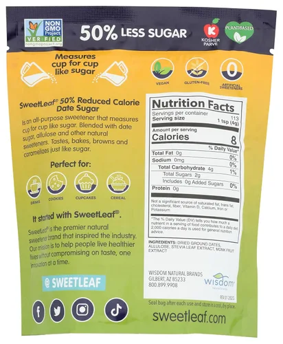 Miniatura 2 de SweetLeaf Azúcar de dátiles, edulcorante orgánico crudo multiusos, 50% de calorías reducidas, sin OMG, sin ingredientes artificiales, 16 onzas