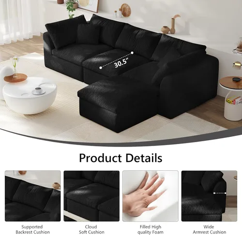 Miniatura 7 de Sofá modular de nube sin hueso de 108 pulgadas con asiento profundo para sala de estar, sofá en forma de L con otomana, tela de copo de nieve y Negro