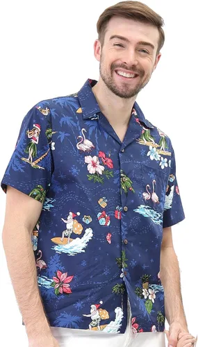 Miniatura 3 de Camisa de crucero hawaiano a juego para parejas, vestido de sirena, Papá Noel en color rojo hawaiano