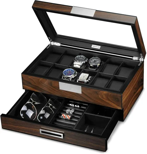 Lifomenz Co Caja de reloj de madera para hombre organizador de joyas con cajón de valet 12 ranuras para reloj organizador de accesorios para hombre