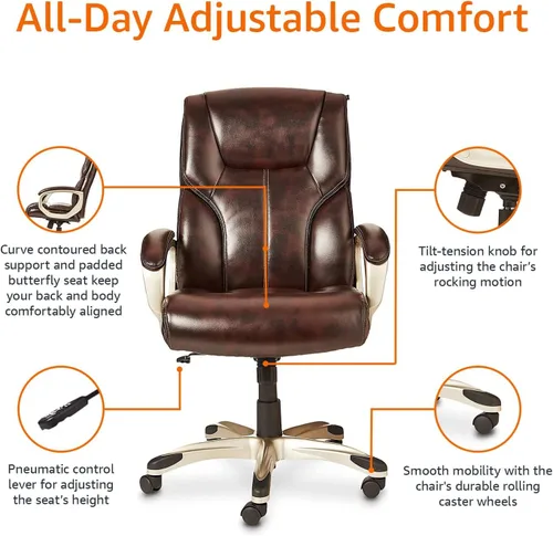 Miniatura 5 de Amazon Basics Silla ejecutiva de oficina con respaldo alto, altura ajustable, inclinación, giratorio, reposabrazos acolchados, marrón/dorado