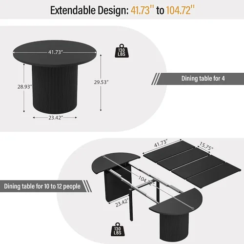 Miniatura 2 de weselon Mesa de comedor extensible de 42 a 105 pulgadas para 4 a 12, mesa de comedor ovalada expandible con base de pedestal estriada y pata