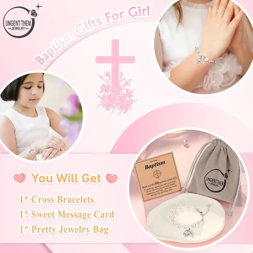 Miniatura 6 de UNGENT THEM Pulsera de perlas con cruz de rosario, bautismo, comunión, confirmación católica, regalos de Pascua para niñas, nieta, hija, sobrina