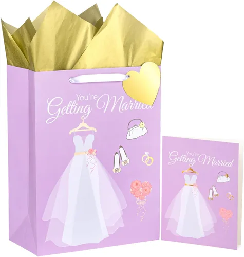 Miniatura 11 de WRAPAHOLIC Bolsa de regalo de boda grande de 13" con tarjeta y papel de seda - Copa de champán y Cheers