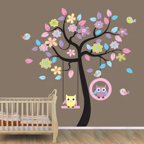 Adhesivo decorativo para pared, hermoso árbol con búhos colgantes, flores rosas, XL Hermoso árbol con búhos colgantes flores rosadas