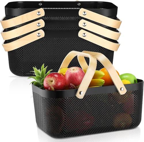 Miniatura 12 de Sadnyy 4 cestas de almacenamiento de malla de plástico para cosecha de jardín con mango de madera, contenedor de malla multifuncional para gabinete