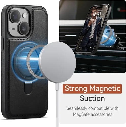 Miniatura 4 de Funda para iPhone 13 con soporte compatible con Magsafe, color negro Magnetic Kickstand, with Tempered Glass Screen Protector, Durable PU Leather