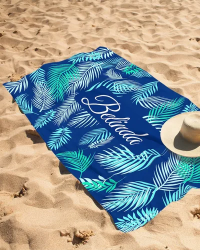 Miniatura 4 de Toalla de playa personalizada con nombres, bonitas toallas de playa personalizadas de hoja de palma tropical para niños, toalla de playa
