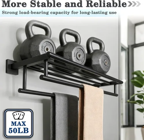 Miniatura 9 de Alise - Toallero de baño con dos barras para toallas y estante, para colgar en la pared, acero inoxidable, SUS 304 Negro mate