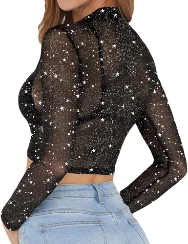 Miniatura 3 de MANGOPOP Women's Short Sleeve Long Sleeve Sheer Mesh Crop Tops Tee Shirt Blouse