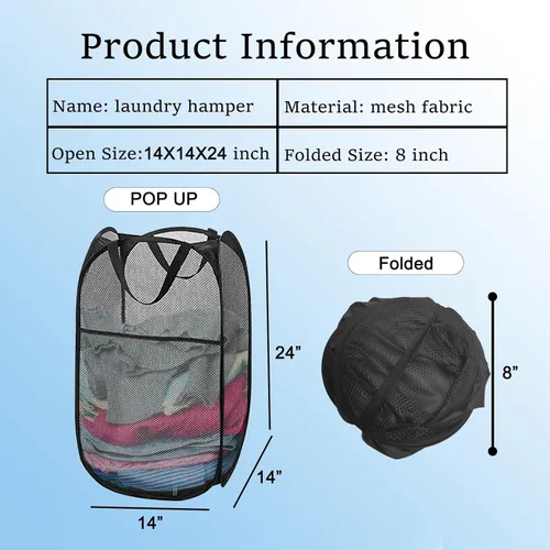 Miniatura 6 de Paquete de 2 cestas plegables de lavandería plegables de malla negra con asa portátil, bolsillo lateral para dormitorio, cuarto de bebé, viajes