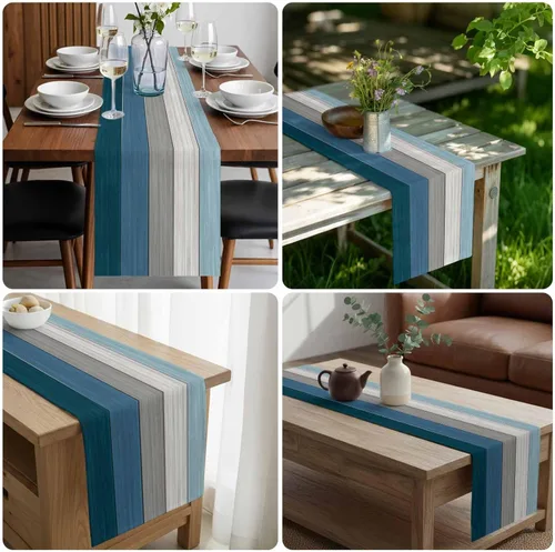 Miniatura 6 de Ocean Hues Farmhouse - Camino de mesa de lino y algodón, estilo retro, con textura de madera de granero rústica, degradado, azul, gris, Azul