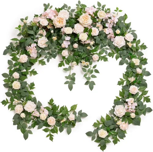 Miniatura 21 de Ling's moment Guirnalda de eucalipto y hojas de sauce de 9 pies con flor blanca, artesanal, centros de mesa para mesa de novios, decoración de mesa