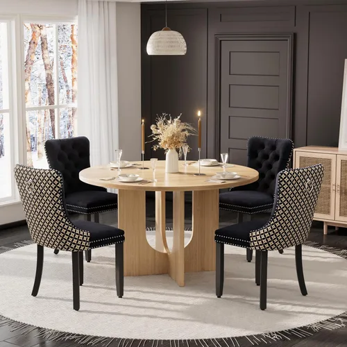 Miniatura 27 de Mesa de comedor redonda de 47 pulgadas para juego de mesa de cocina rústica de 6,7 piezas, mesa de comedor de granja, sillas negras de alta gama