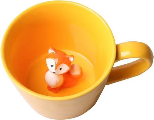 Taza de cerámica DIHOclub con zorro 3D oculta dentro, linda taza de animal de dibujos animados hecha a mano, figura de muñeco para regalo de Amarillo