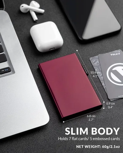 Miniatura 3 de VULKIT Tarjetero minimalista Pop Up Tarjetas RFID Protección Slim Metal Wallet, Vino, Minimalista