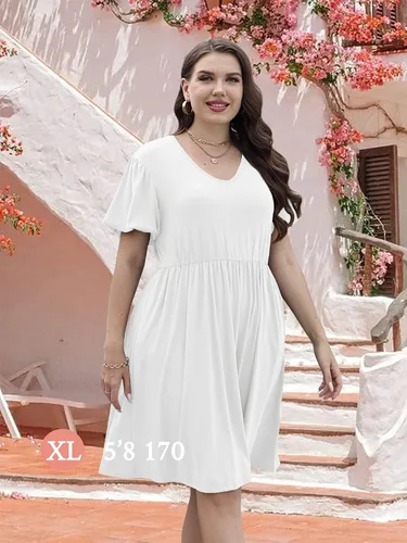 Miniatura 4 de AGSEEM Vestidos de verano para mujer, casual, con bolsillos, manga abombada, cuello en V