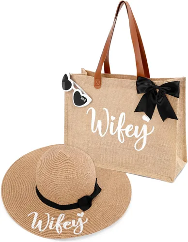 Miniatura 8 de Percozzi Wifey Bride Tote Bag Sun Hat Glasses Set Bride-To-Be Shower Gift Honeymoon Jute Bag Kit multicolor/fantasía (MRS)