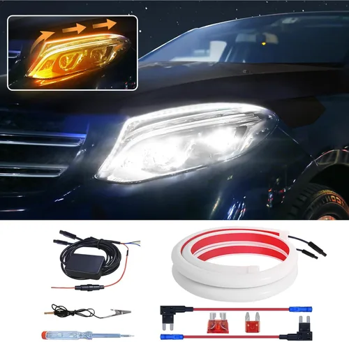 Tira de luces de circulación diurna DRL de escaneo dinámico para automóvil, 2 unidades de 11.8 pulgadas blanco/ámbar, luces direccionales APP