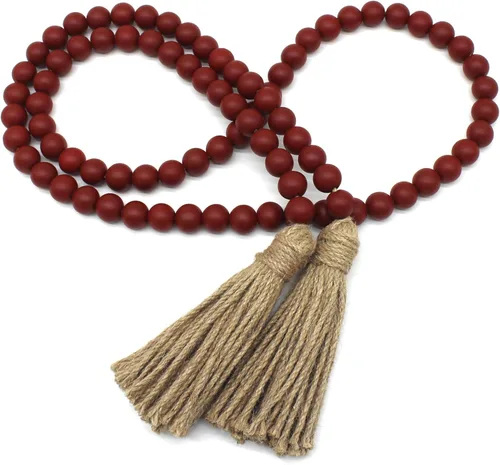 Miniatura 8 de CVHOMEDECO. Guirnalda de cuentas de madera con borlas, diseño rústico de granja, cadena de cuentas de oración para colgar en la pared, acento