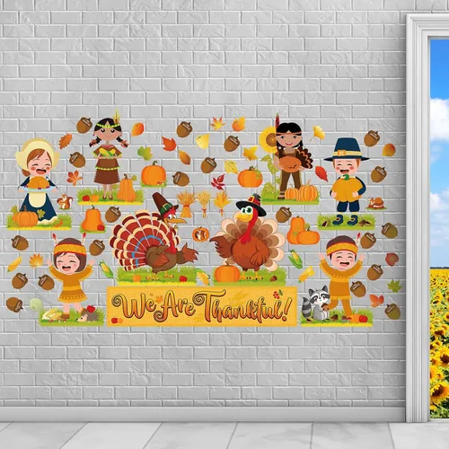 Miniatura 5 de Chinco Juego de 64 tablones de anuncios de Acción de Gracias, otoño, otoño, decoración de tablón de anuncios con texto en inglés "We Are Thankful