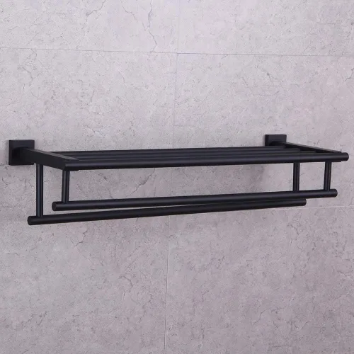 Miniatura 8 de GERZWY Estante de toalla con doble toallero organizador para baño, 24 pulgadas, acero inoxidable SUS 304, montaje en pared, moderno color negro mate