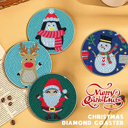 Miniatura 6 de MVVMTOP 6 posavasos de pintura de diamantes con soporte dimensional, posavasos de Navidad, kits de arte de diamantes antideslizantes