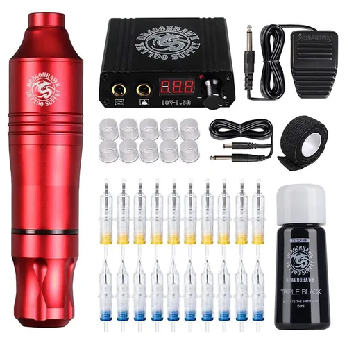 Dragonhawk Pro Kit completo de bolígrafo de tatuaje, máquina ligera para tatuajes, 20 unidades, cartuchos, agujas, fuentes de alimentación para Kit