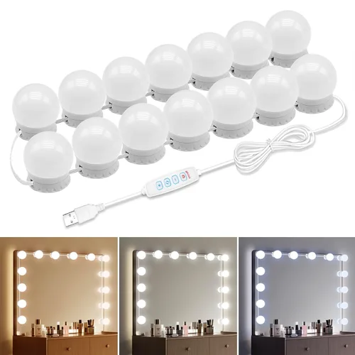 Miniatura 8 de Luces LED para espejo de tocador con 12 focos adhesivos regulables, 3000K 4500K 6500K y 10 niveles de brillo ajustables, enchufe con cable USB
