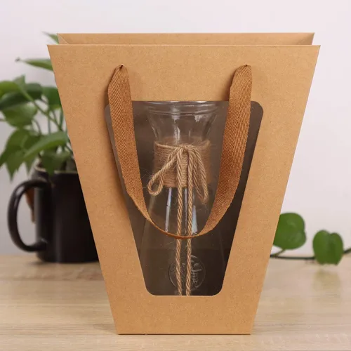 Miniatura 7 de Paquete de 10 bolsas de regalo con asas y ventana transparente, bolsas de papel kraft trapezoidales, bolsas de envoltura de ramo de flores, bolsas