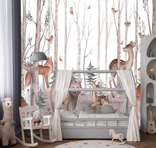 Miniatura 10 de Papel tapiz de tela con diseño de paisajes forestales verdes, bosques, árboles, sala de estar, dormitorio, baño, selva, mural de pared - 91 x 65
