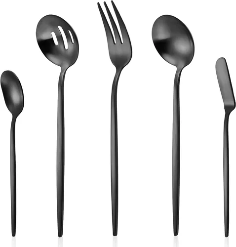 Miniatura 12 de Juego de cubiertos de acero inoxidable mate, juego de cubiertos de acero inoxidable para 4, 20 piezas, incluye cucharas y tenedores, juego de Negro