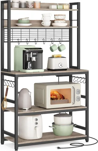 Miniatura 10 de VASAGLE Estante de panadería con toma de corriente, soporte para microondas, estante de almacenamiento alto de cocina, con panel de alambre