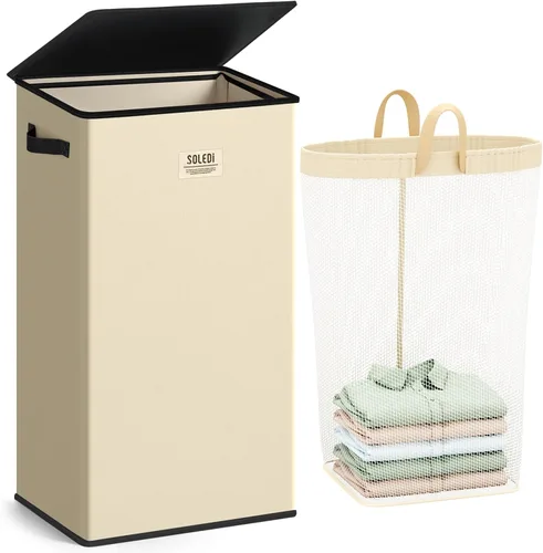 Miniatura 19 de SOLEDI - Canasta de lavandería con tapa de 100L, canasta de ropa plegable grande y alta, cesta de lavandería con bolsa removible fácil
