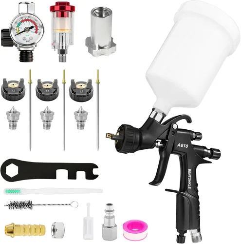 R500 LVLP Pistola de pulverización de aire con boquillas de 1.3/1.5/0.067 in y regulador de aire, pistolas de pintura A610 automotrices kit premium