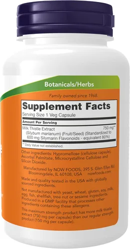 Miniatura 2 de Now Foods Extracto de cardo mariano 750 mg de silimarina (600 mg), fuerza máxima - 90 cápsulas vegetales