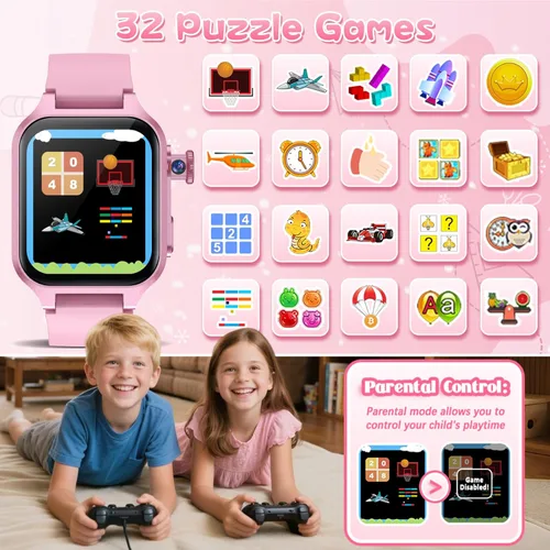 Miniatura 5 de Reloj inteligente de juegos para niños con 32 juegos, cámara telescópica, podómetro, alarma, video, música, audiolibro, tarjeta de aprendizaje, Rosa