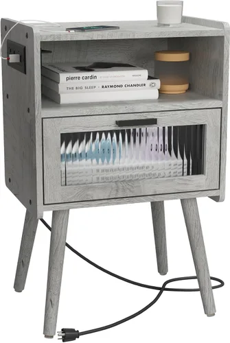 Miniatura 17 de Mesita de noche moderna de mediados de siglo, mesa auxiliar con almacenamiento, mesitas de noche con puerta de cristal, mesa auxiliar con patas