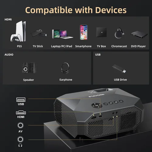 Miniatura 7 de FUDONI Proyector con WiFi y Bluetooth, soporte 4K para exteriores, proyector HD 1080P Max 300 pulgadas, proyector portátil de cine en casa Negro
