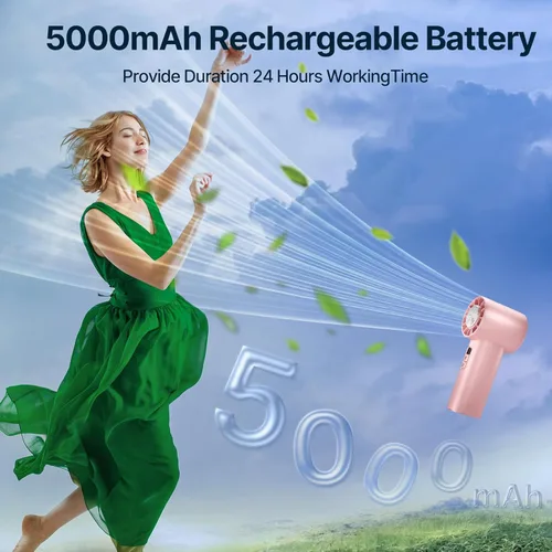 Miniatura 6 de Ventilador turbo portátil de mano Mini ventilador ajustable de velocidad (1-120) con modo de enfriamiento Batería recargable de 5000 mAh Rosa