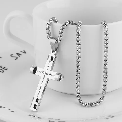 Miniatura 4 de HZMAN - Collar de acero inoxidable con colgante de cruz de fuerza 3 colores disponibles texto bíblico en inglés Filipenses 413