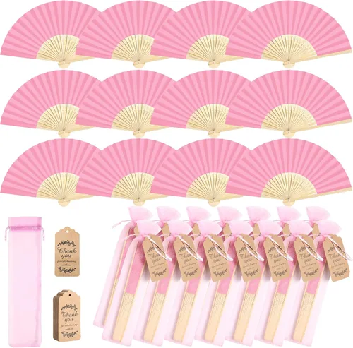 Miniatura 11 de Roowest Paquete de 50 abanicos plegables de papel hechos a mano con bolsas de regalo, tarjeta de agradecimiento, ventilador plegable de mano de Beige