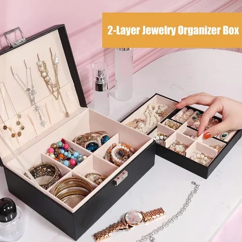 Miniatura 7 de YEEKEN Joyero organizador para mujeres y niñas, 2 capas grandes con cerradura, regalo ideal de piel sintética con bandeja extraíble para collares