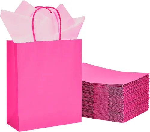 Miniatura 12 de DjinnGlory Paquete de 24 bolsas de regalo de papel rosa intenso de tamaño mediano con asas de 10 x 8 x 4 pulgadas y 24 papel de seda rosa para Rosa