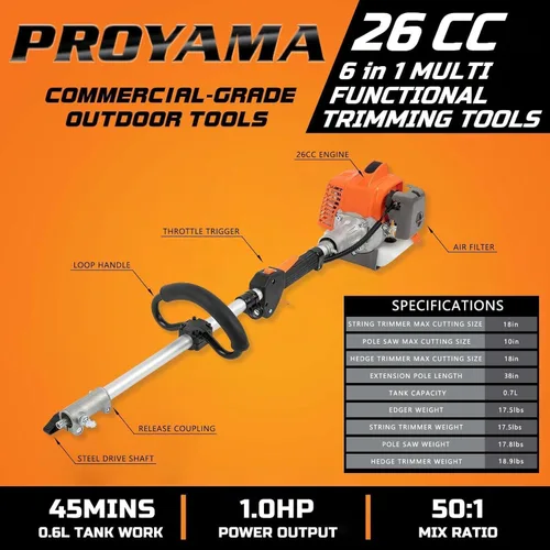 Miniatura 3 de PROYAMA Kit combinado multifuncional 6 en 1 de 26 cc, cortasetos a gas de 2 ciclos, desbrozadora de malezas, cortador de cuerdas, cortador